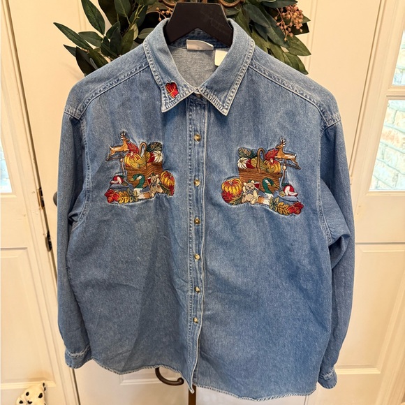 Vintage 80s 90s Fall Pumpkin Embroidered Chambray Button Down Shirt LS XL 1X - Picture 1 of 11